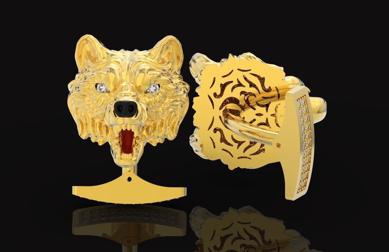 mens set ring wolf and cufflinks with stones  3D Model Collection_56