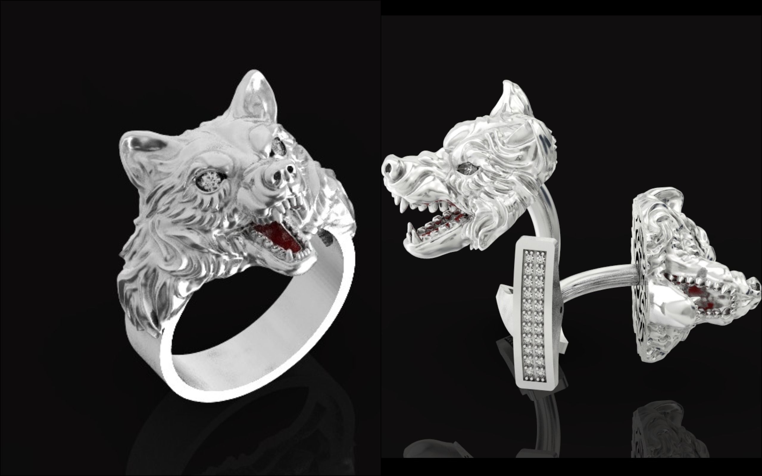 mens set ring wolf and cufflinks with stones  3D Model Collection_3