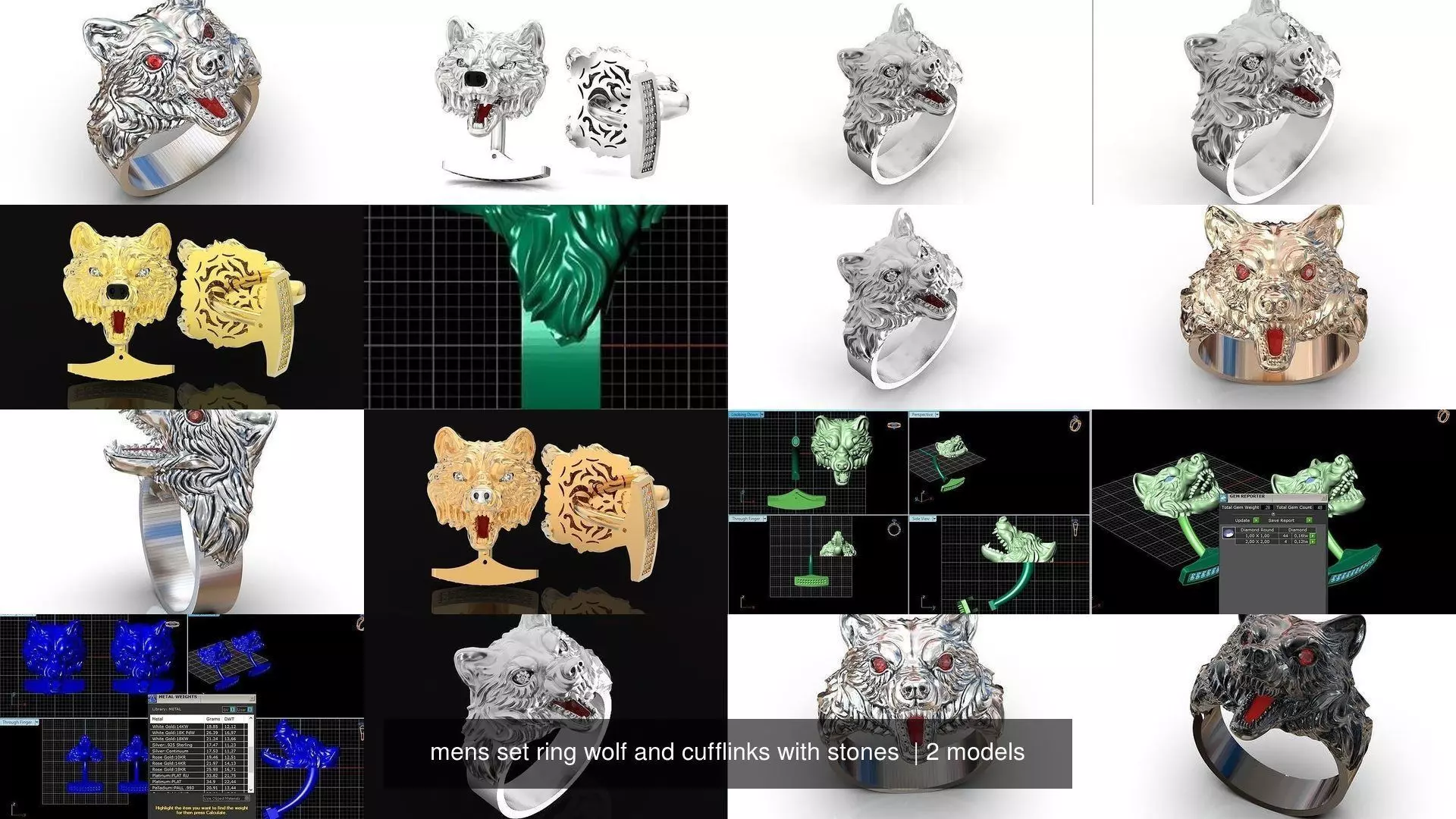 mens set ring wolf and cufflinks with stones  3D Model Collection_1