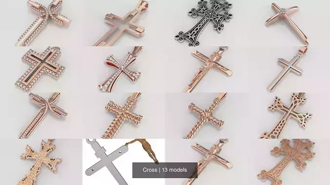 Cross rose gold pendant with diamonds 3D Model Collection
