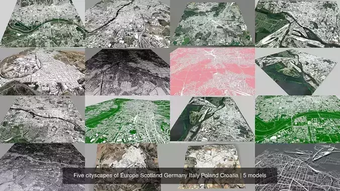 Five cityscapes of Europe Scotland Germany Italy Poland Croatia 3D Model Collection