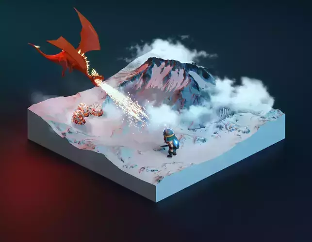 low poly Gameasset10 mountain with dragon Low-poly 3D model