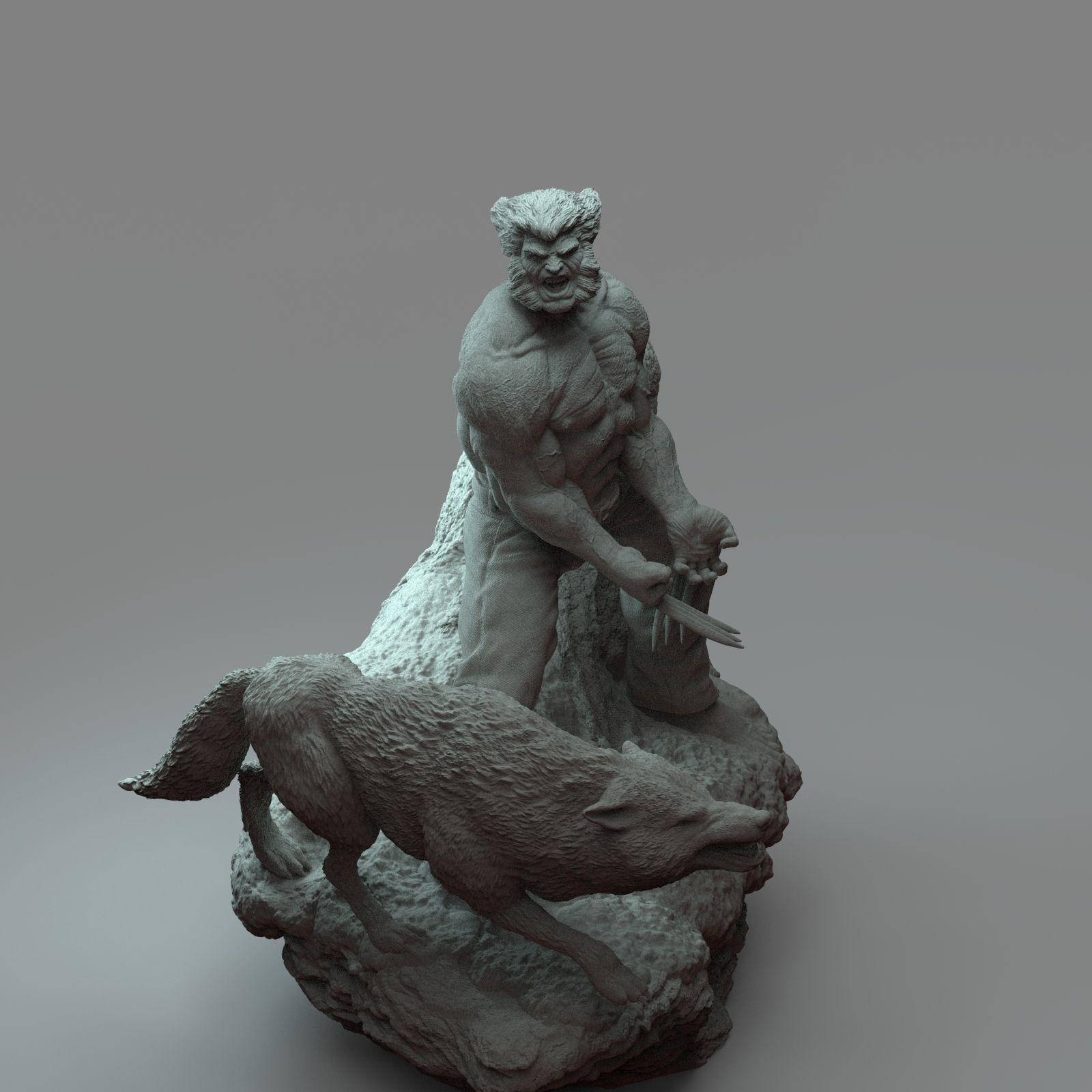 Wolverine statue of man and wolf 3D print model_2