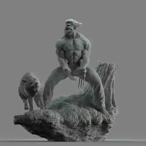 Wolverine statue of man and wolf