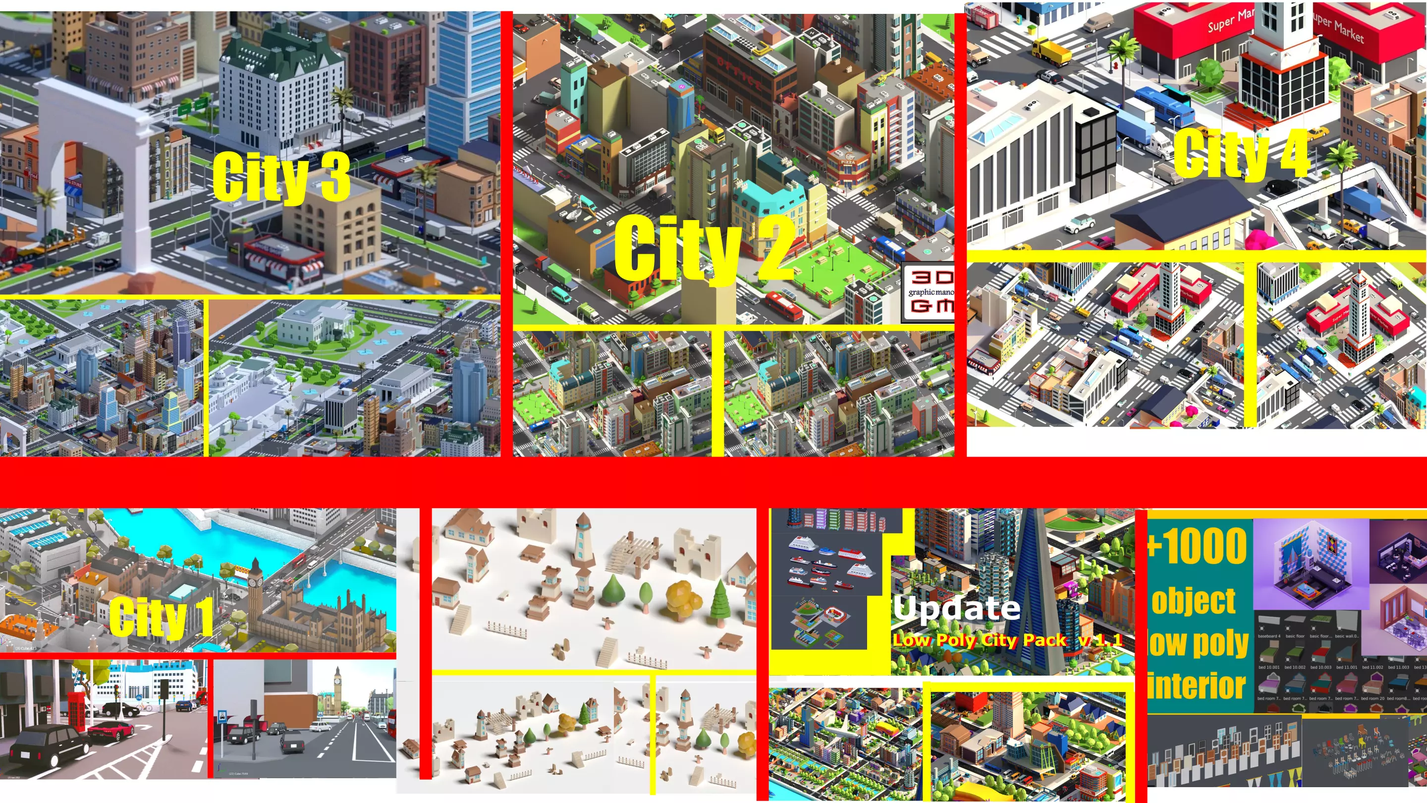 all  low poly asset pack citys exterior and interior Low-poly 3D model_0