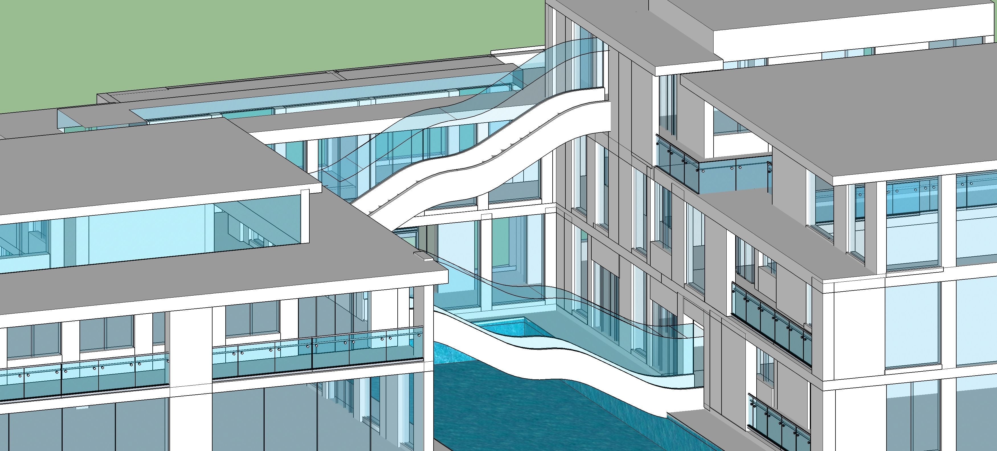 Detailed design of an office with water body and floating stairs 3D model_2
