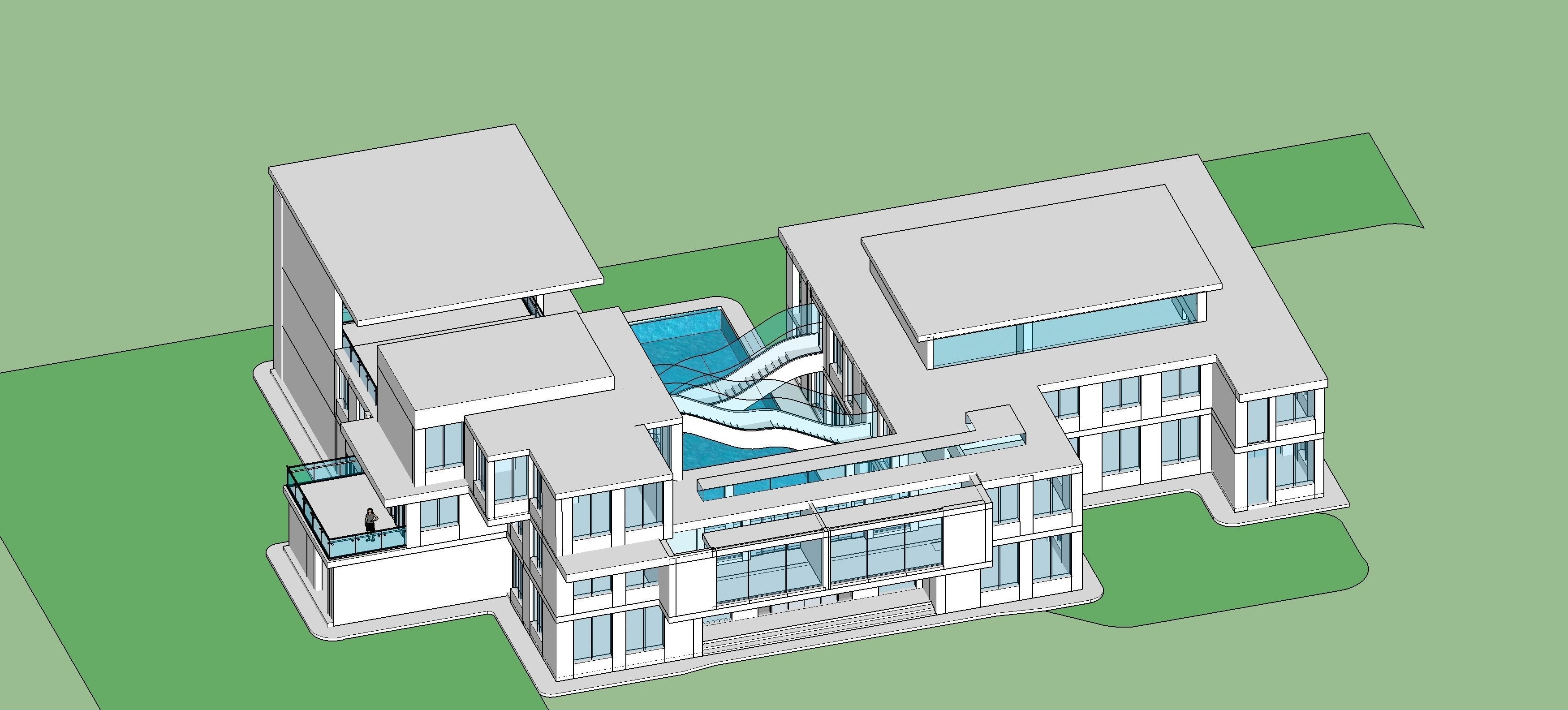 Detailed design of an office with water body and floating stairs 3D model_1