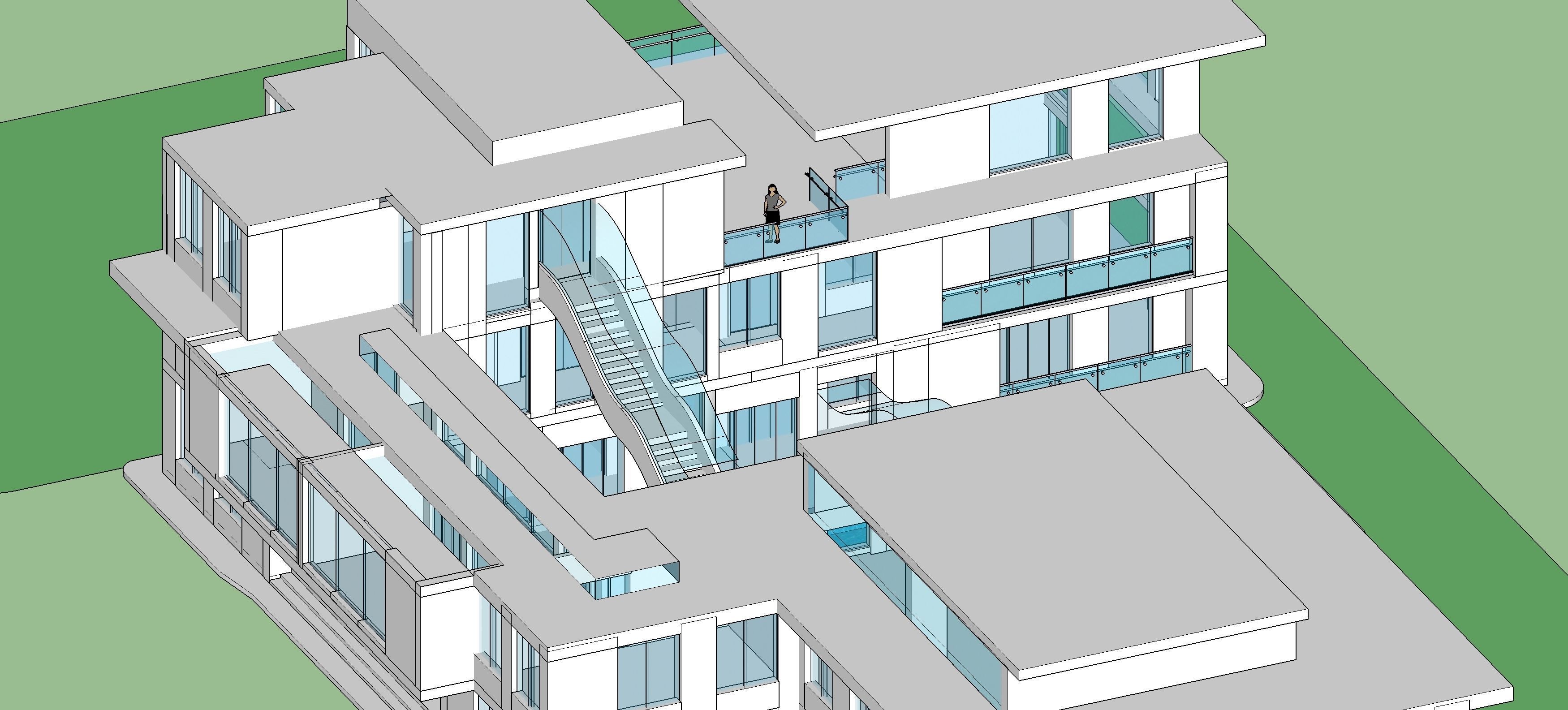 Detailed design of an office with water body and floating stairs 3D model_3