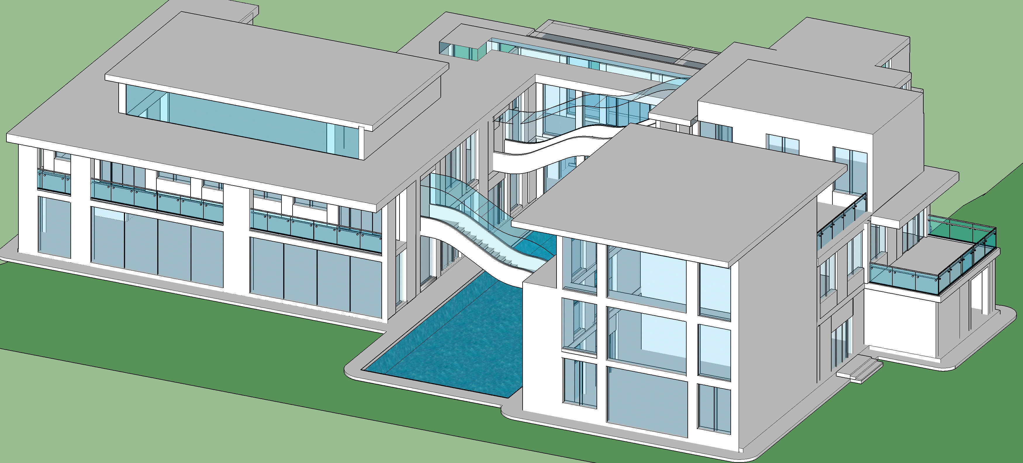 Detailed design of an office with water body and floating stairs 3D model_4
