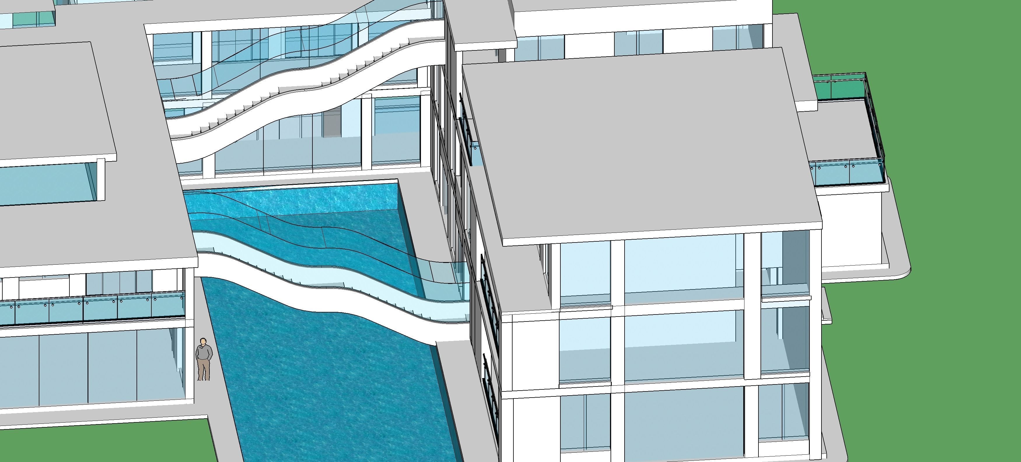 Detailed design of an office with water body and floating stairs 3D model_6