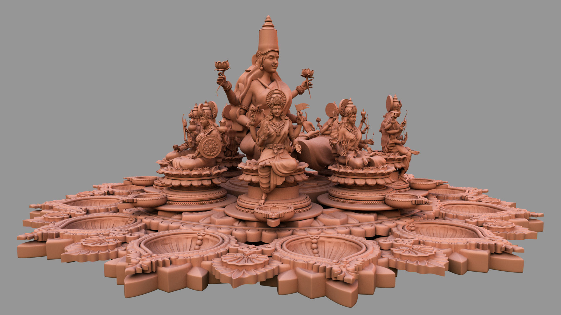 clay oil lamp ashtalakshmi 3D model_8