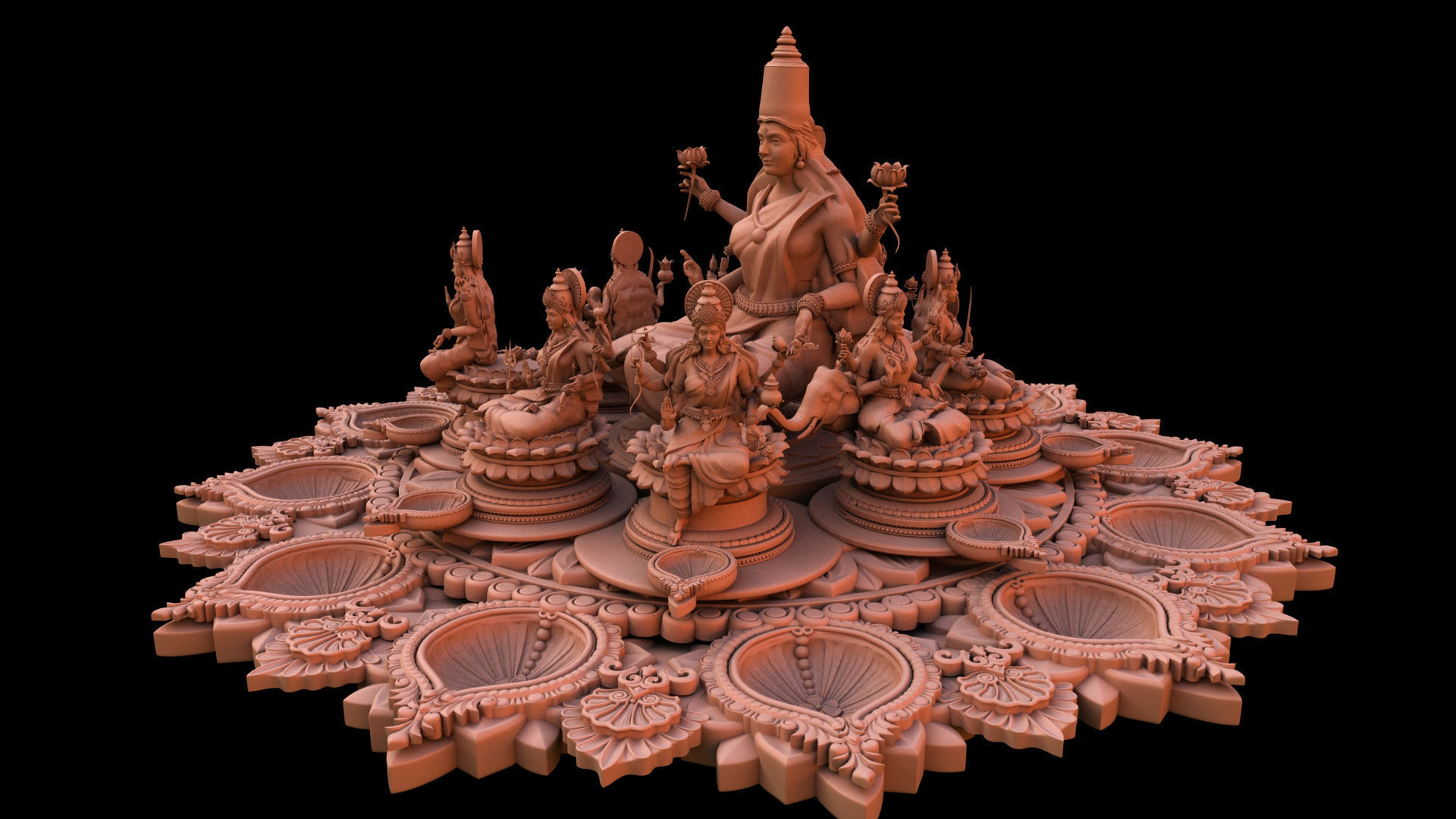 clay oil lamp ashtalakshmi 3D model_9