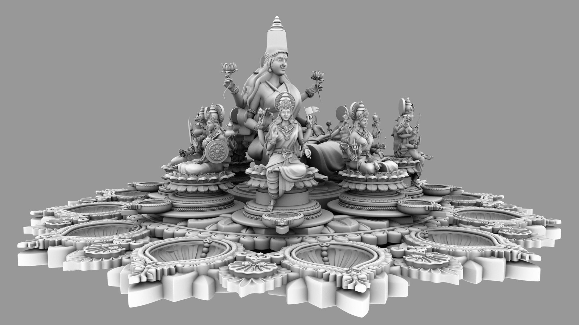 clay oil lamp ashtalakshmi 3D model_2