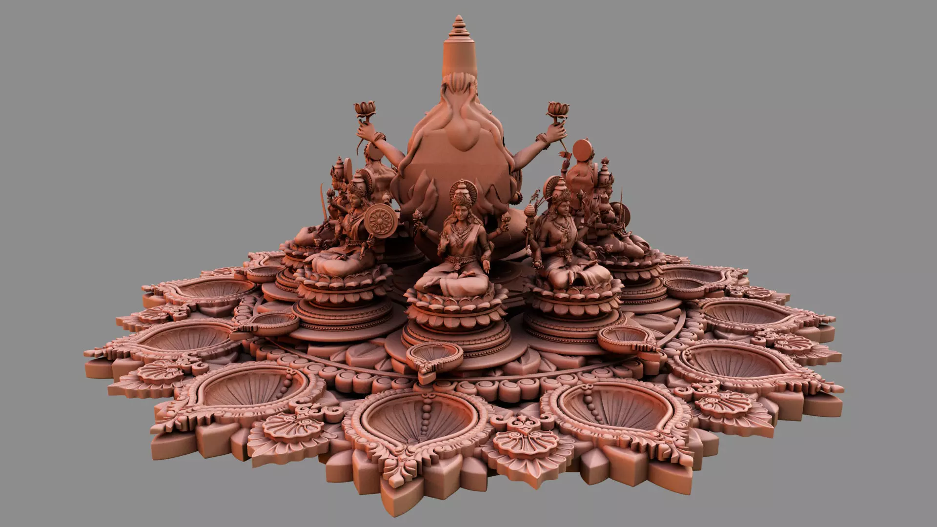 clay oil lamp ashtalakshmi 3D model_0