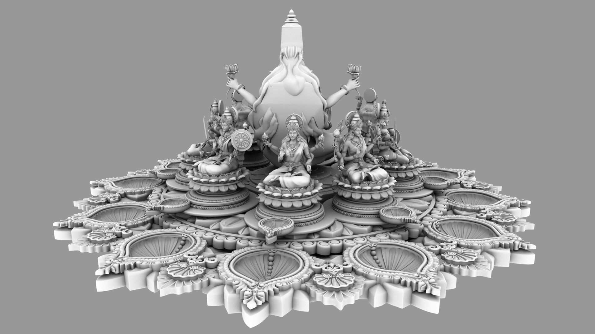 clay oil lamp ashtalakshmi 3D model_1