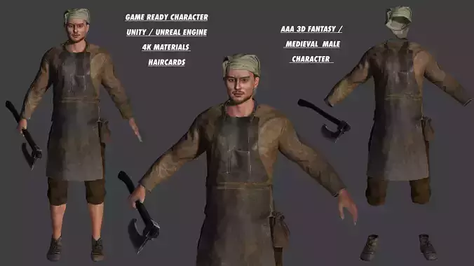 3D AAA Medieval Male Character - Butcher Man  Low-poly 3D model 3D AAA Medieval Male Character - Butcher Man  Low-poly 3D model