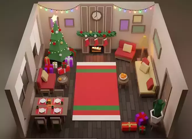 Low Poly Modular Simple Christmas Interior Pack Low-poly 3D model