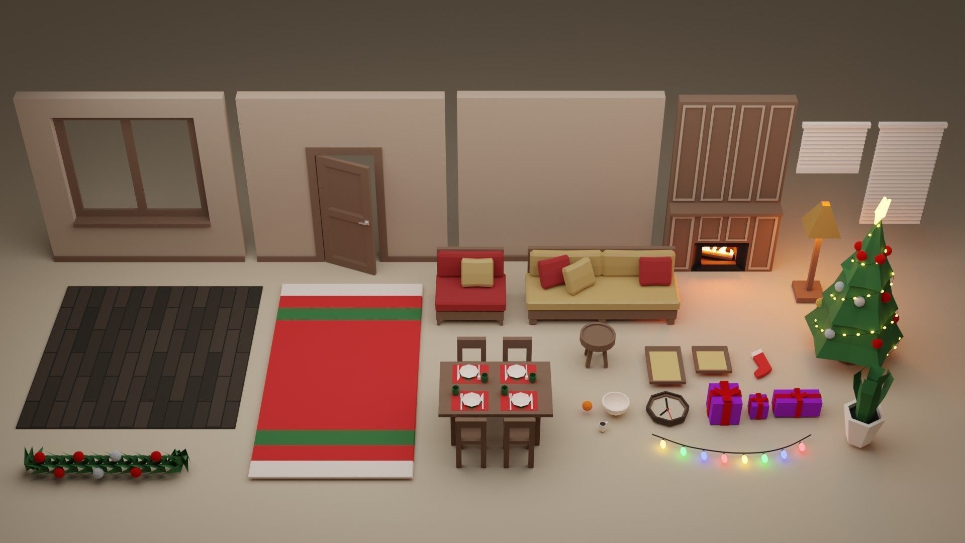 Low Poly Modular Simple Christmas Interior Pack Low-poly 3D model_4
