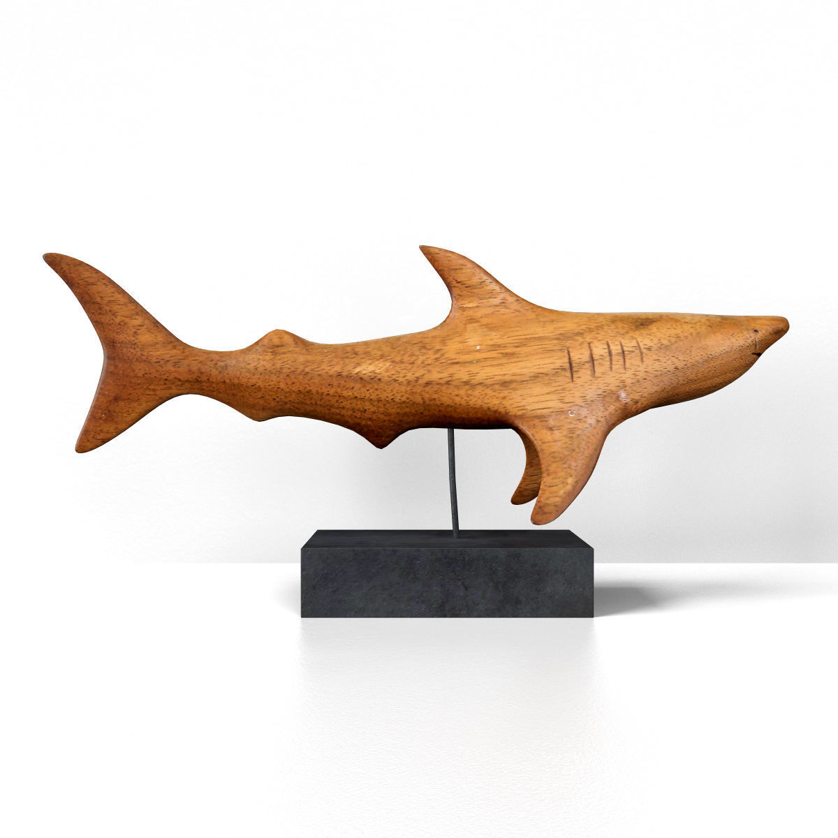 Vintage Carved Teak Shark 3D model_1