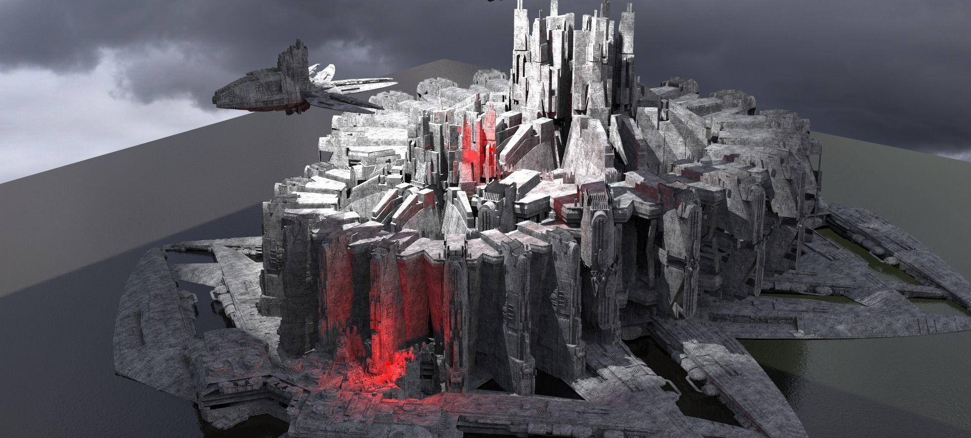 Sci-Fi dark Platforms City kitbash 3D model_1