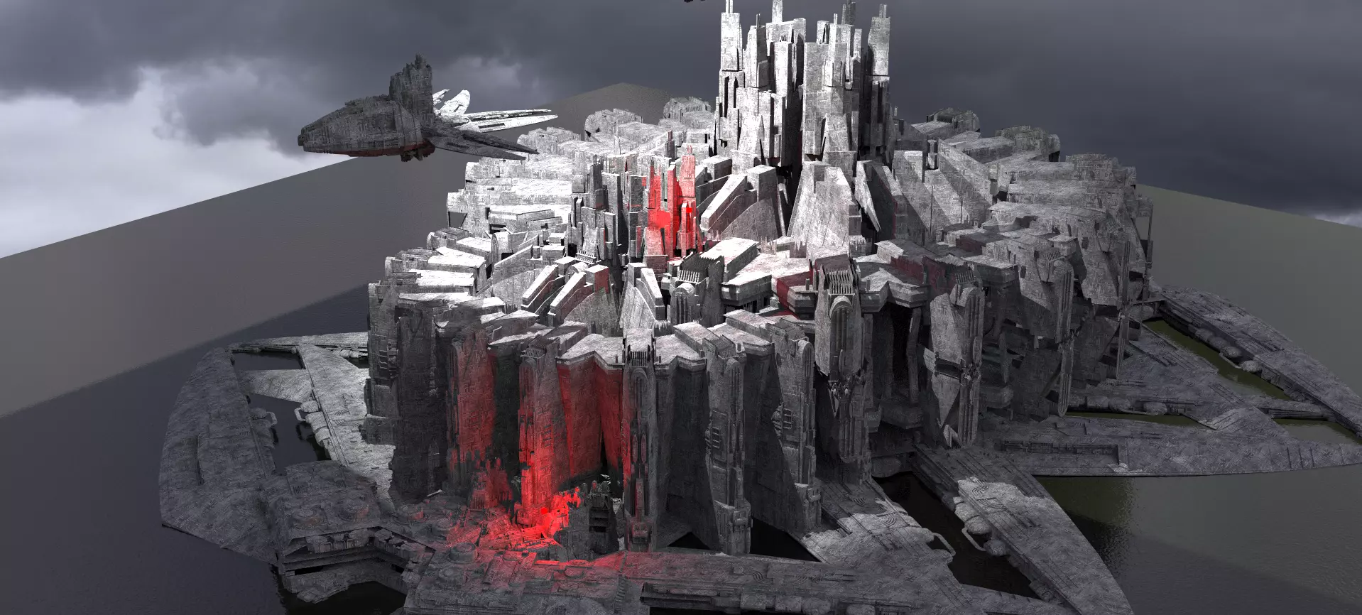 Sci-Fi dark Platforms City kitbash 3D model_0