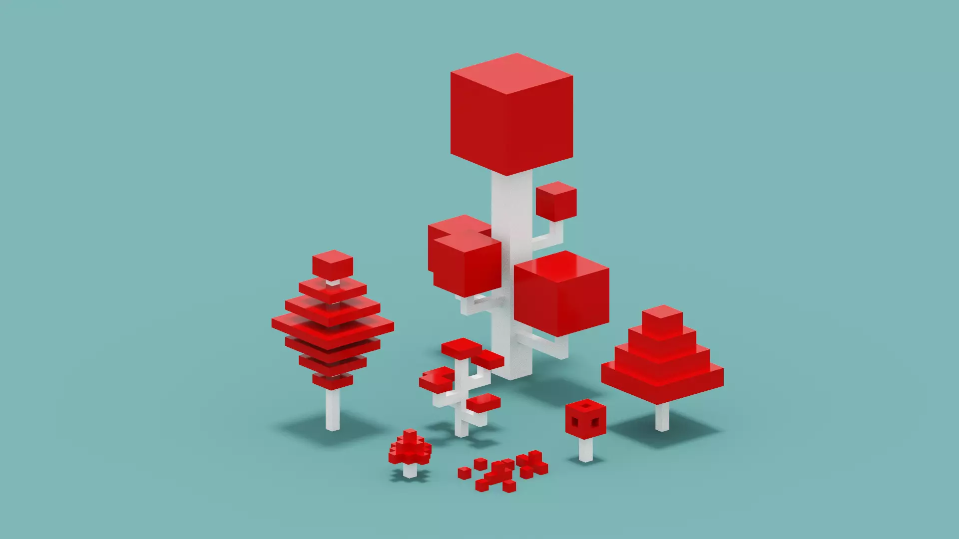 Isometric 3d Red Tree Set Low-poly 3D model_0