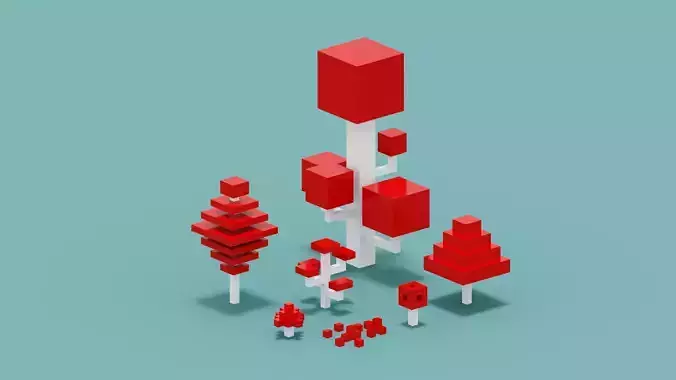 Isometric 3d Red Tree Set Low-poly 3D model Isometric 3d Red Tree Set Low-poly 3D model