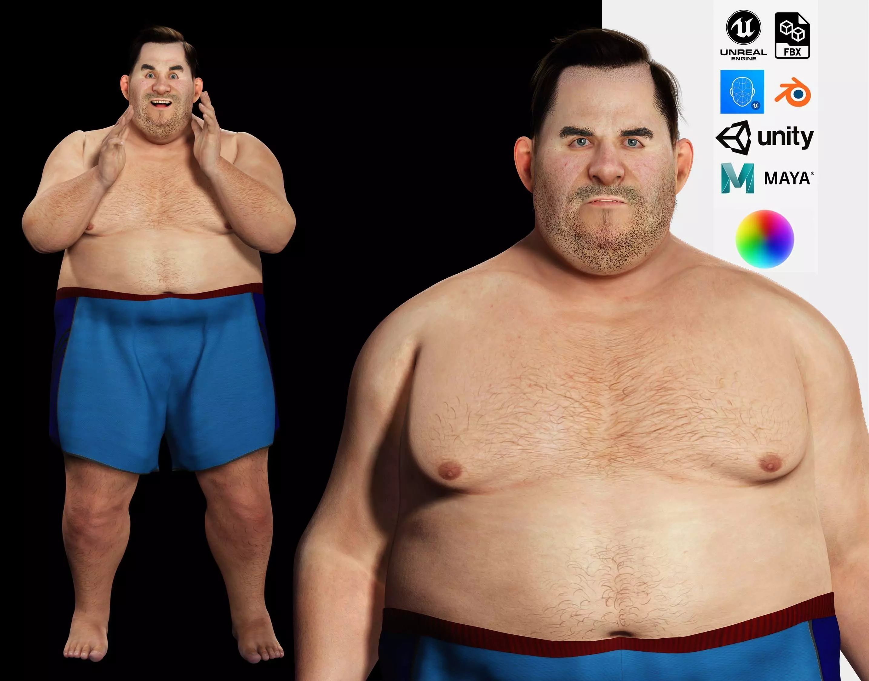 Fat Man naked and clothed Low-poly 3D model_0