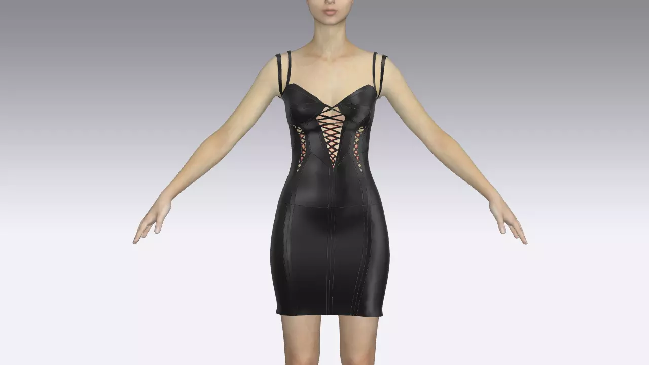  DRESS  BLACK LEATHER  HEART NECKLINE  DETAIL STRAP  3D model_0