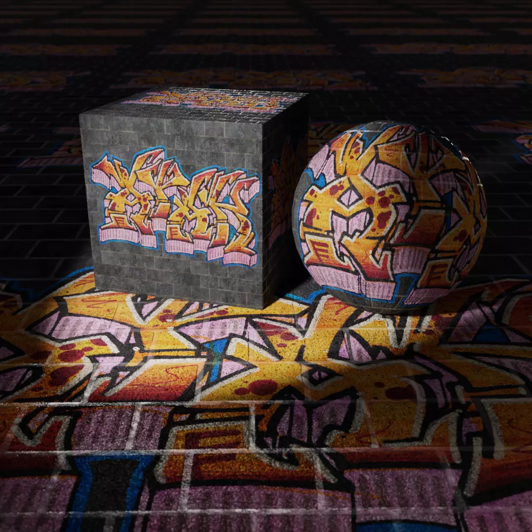 Stone Brick Wall with Graffiti PBR Texture Texture_0