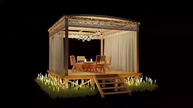 bedstead wooden gazebo with lights 3D model