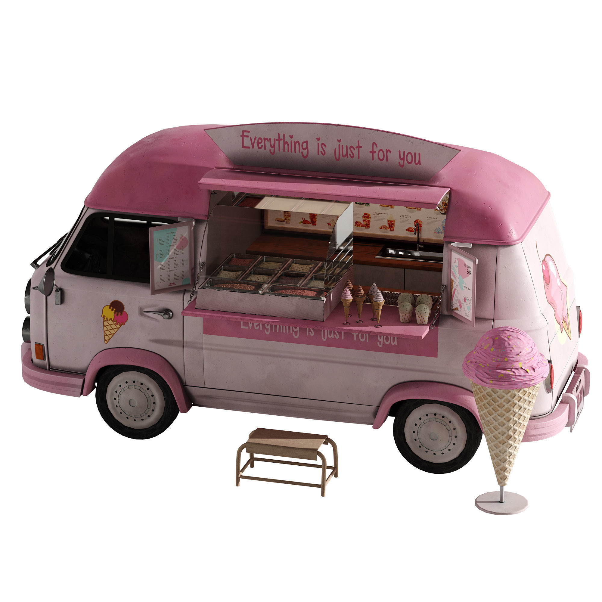Ice Cream Pink Van 3D model_13