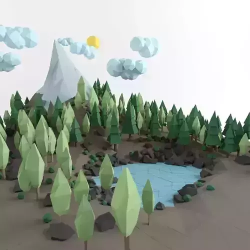Low poly lanscape mountain hill tree lake rock 3D low poly model Low-poly 3D model