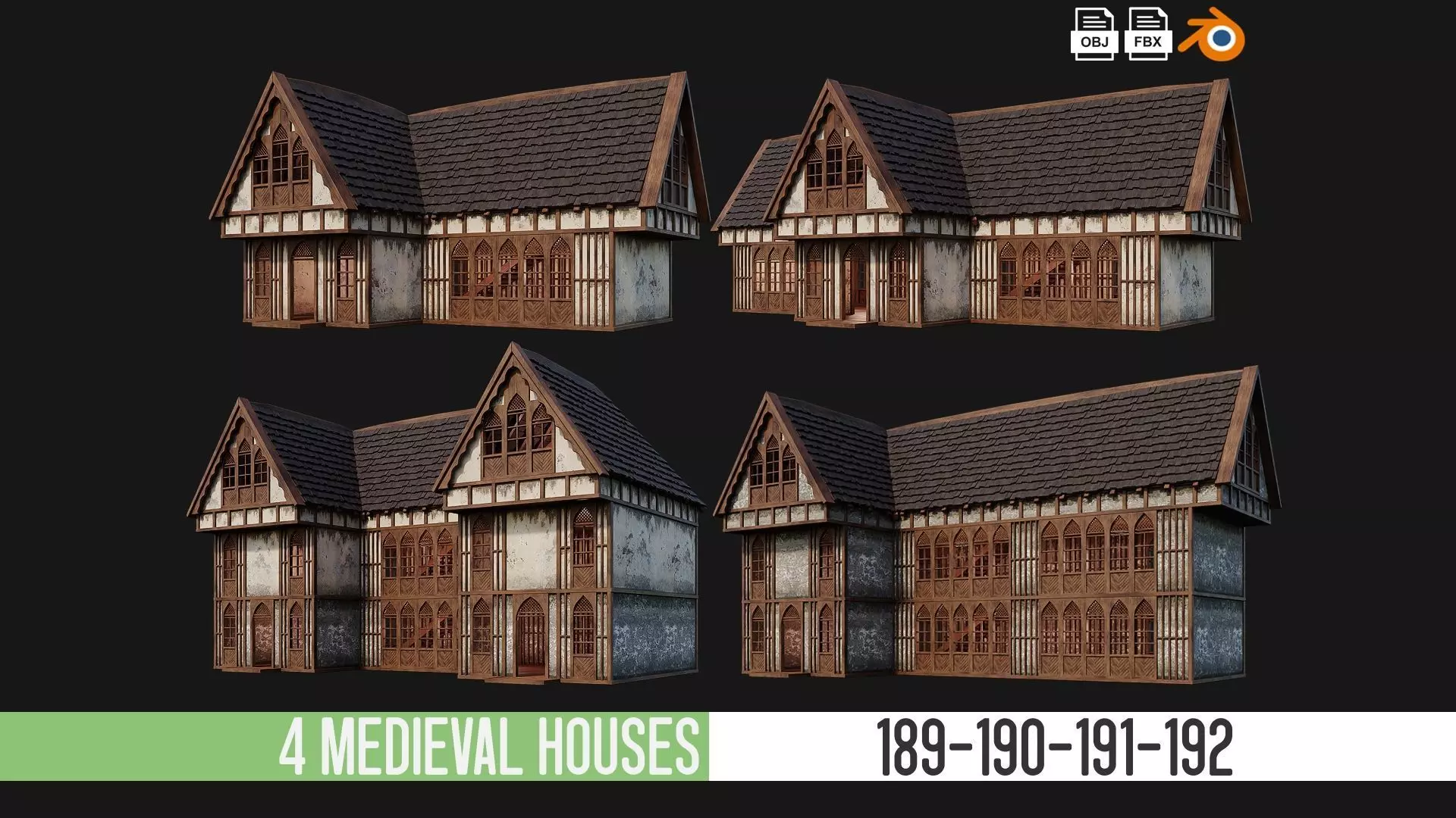 4 Old Medieval Houses Pack 4K Textures GameReady 189 to 192 Low-poly 3D model_0