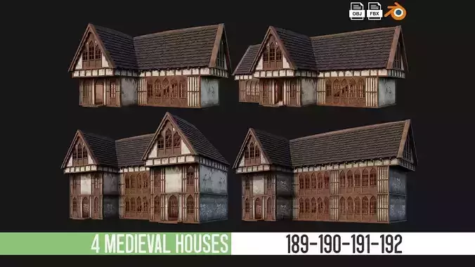 4 Old Medieval Houses Pack 4K Textures GameReady 189 to 192 Low-poly 3D model