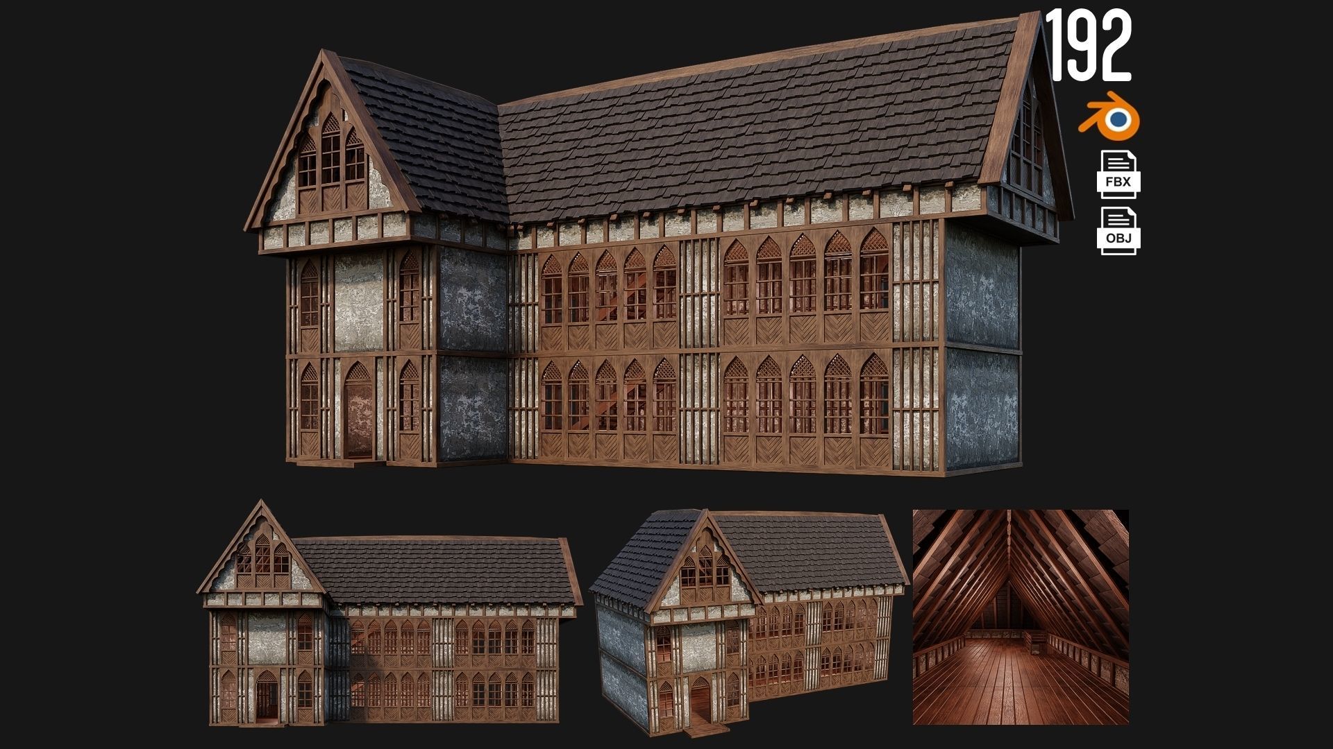 4 Old Medieval Houses Pack 4K Textures GameReady 189 to 192 Low-poly 3D model_4