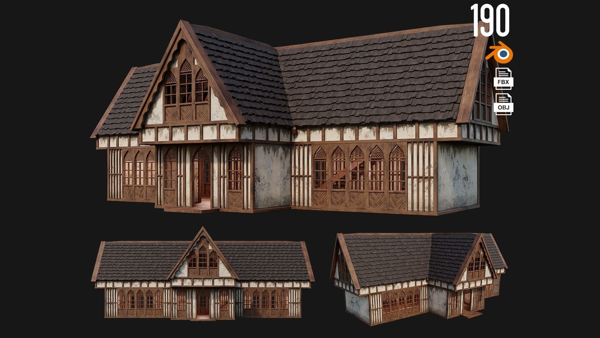 4 Old Medieval Houses Pack 4K Textures GameReady 189 to 192 Low-poly 3D model_2