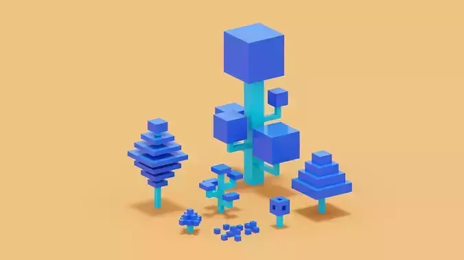Isometric 3d Blue Tree Set