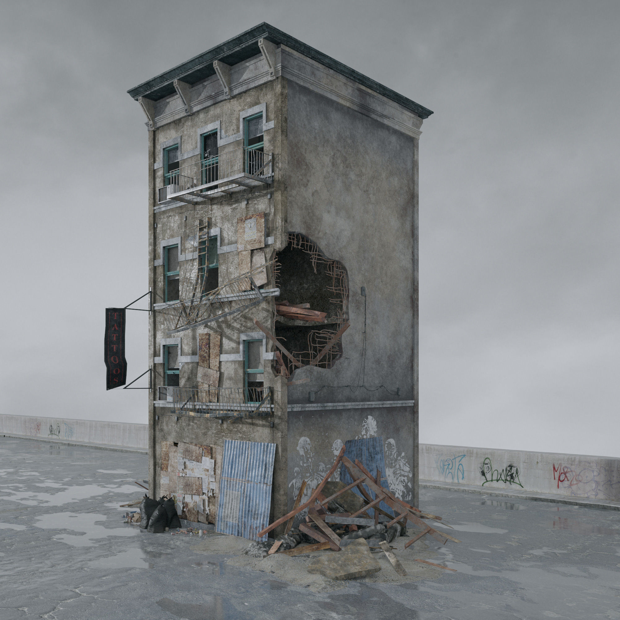 Archmodels vol 265 - collection of post apocalyptic buildings 3D model_27