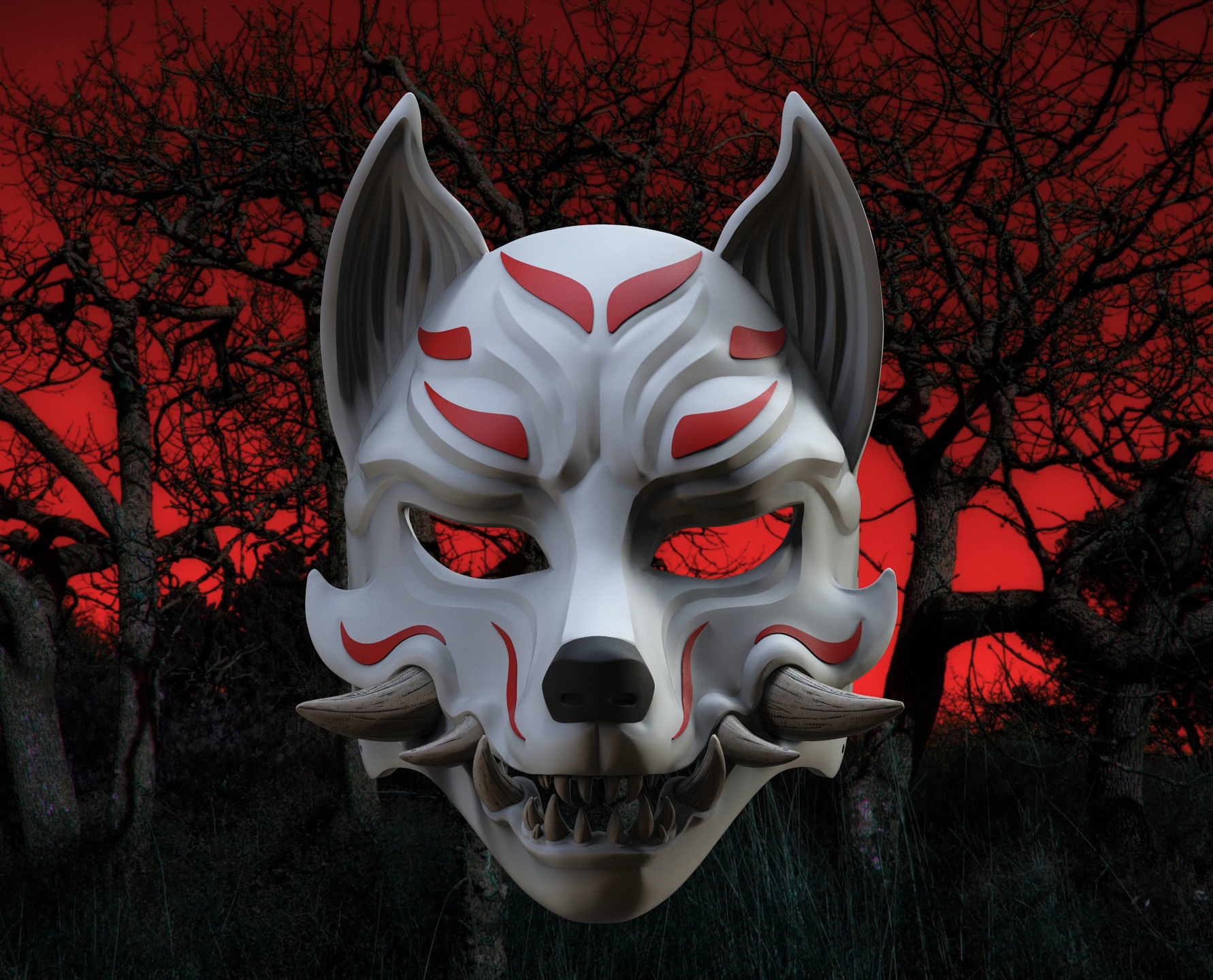 Kitsune Mask with fangs Anime Mask 3D model 3D printable | CGTrader, image size:1782x1440