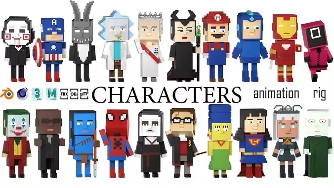 Low poly characters 3 heroes in voxel style  Low-poly 3D model