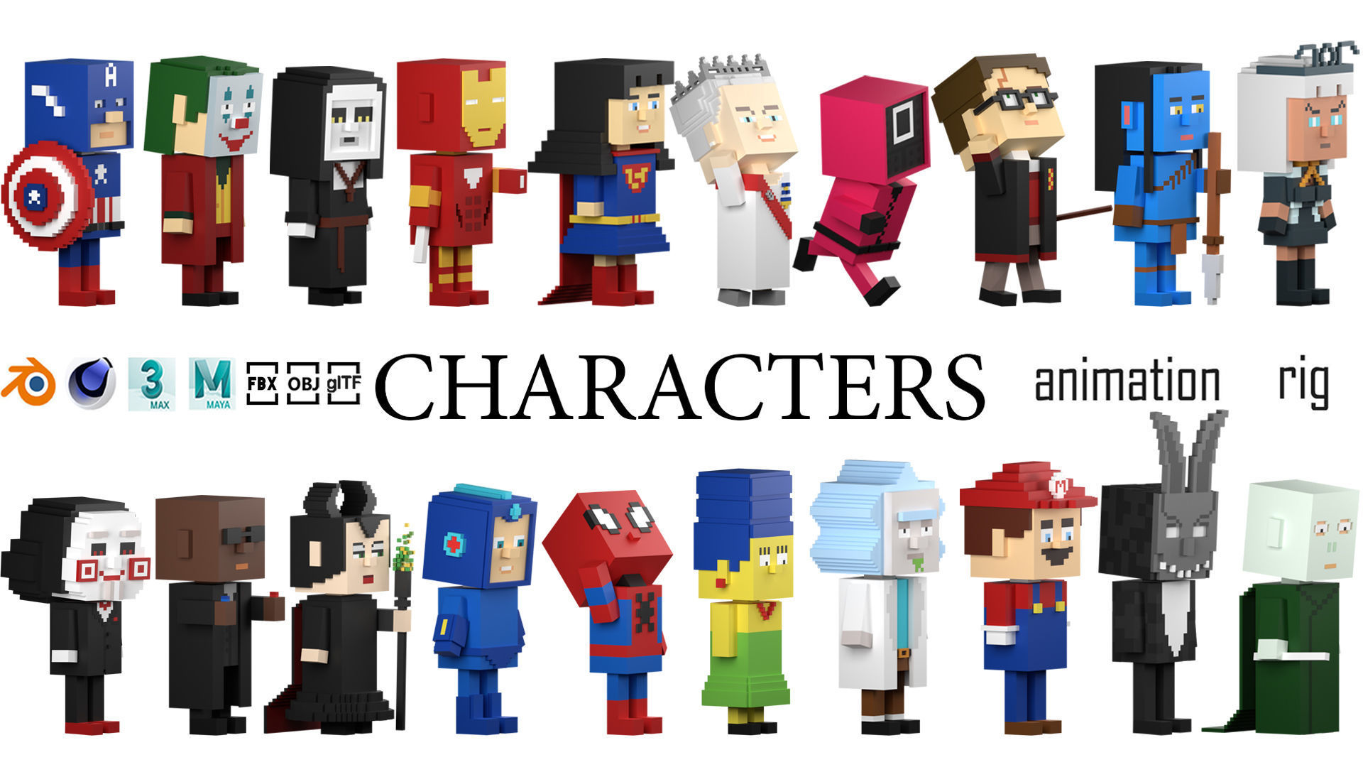 Low poly characters 3 heroes in voxel style  Low-poly 3D model_1
