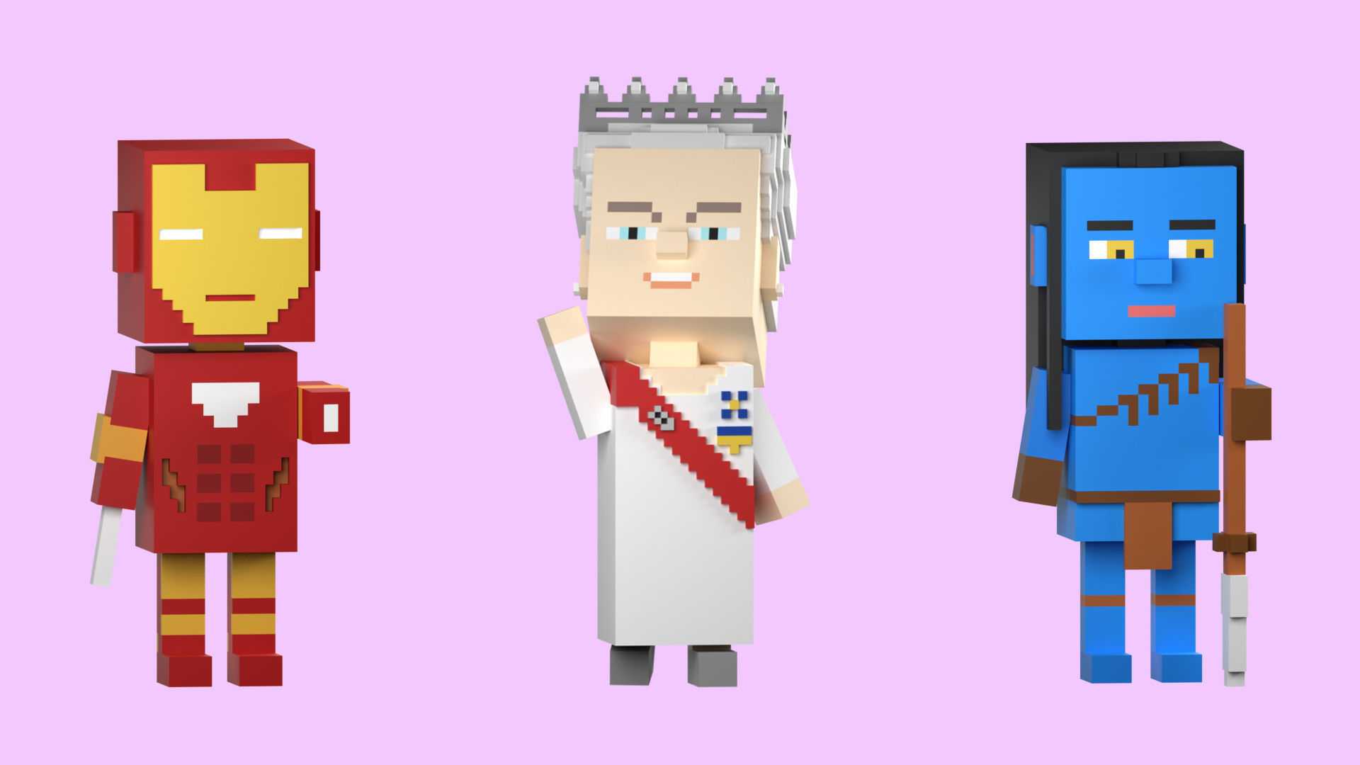 Low poly characters 3 heroes in voxel style  Low-poly 3D model_5