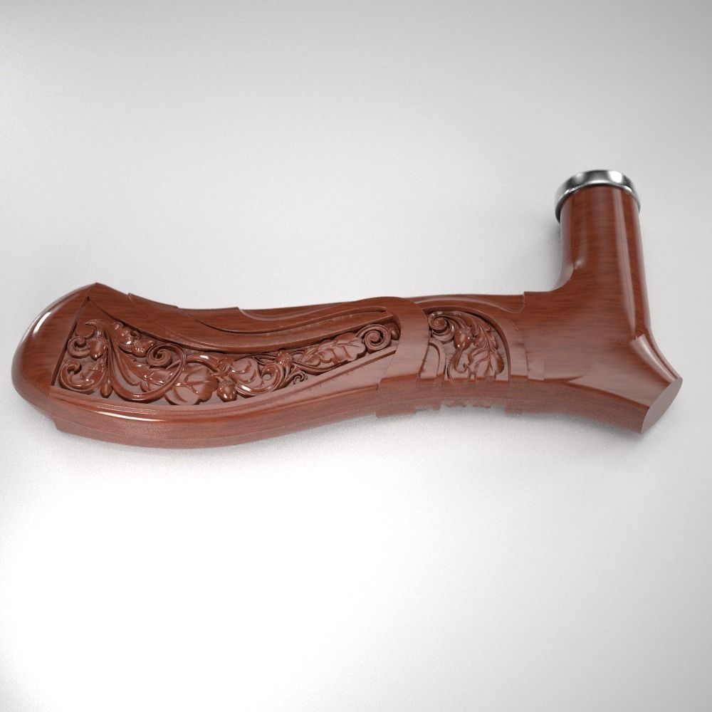 Cane-handle ornately carved wooden handle 3D print model_1