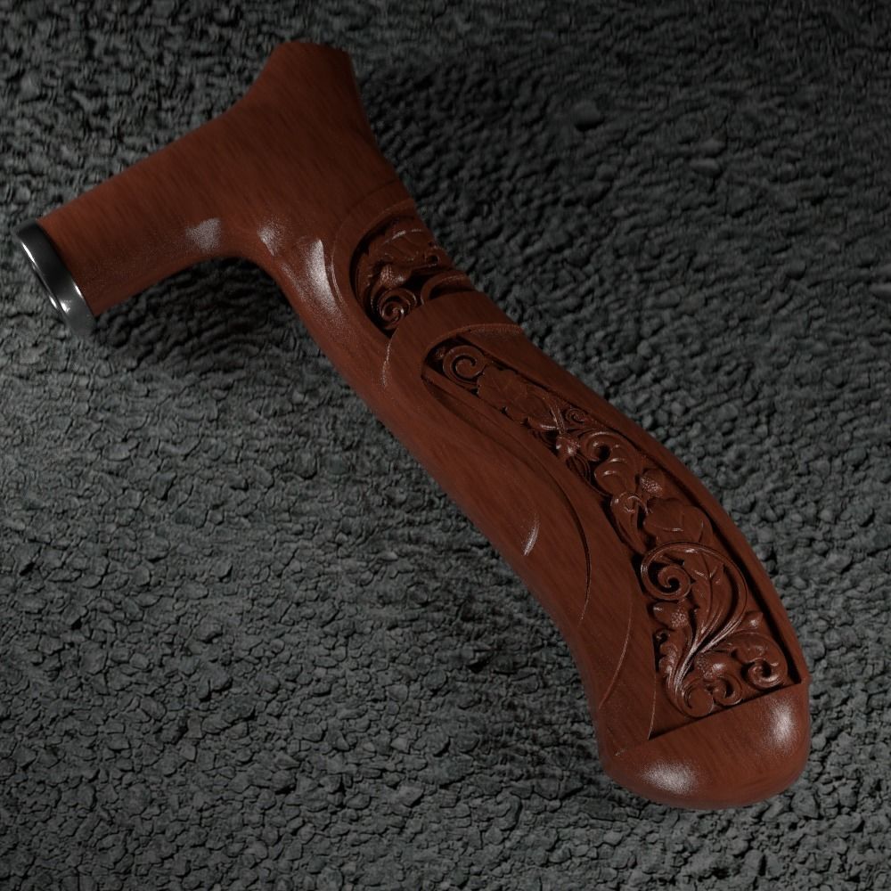 Cane-handle ornately carved wooden handle 3D print model_3
