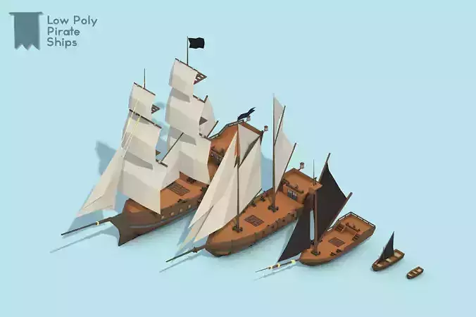 Low Poly Pirate Ships with Wrecked Versions Low-poly 3D model