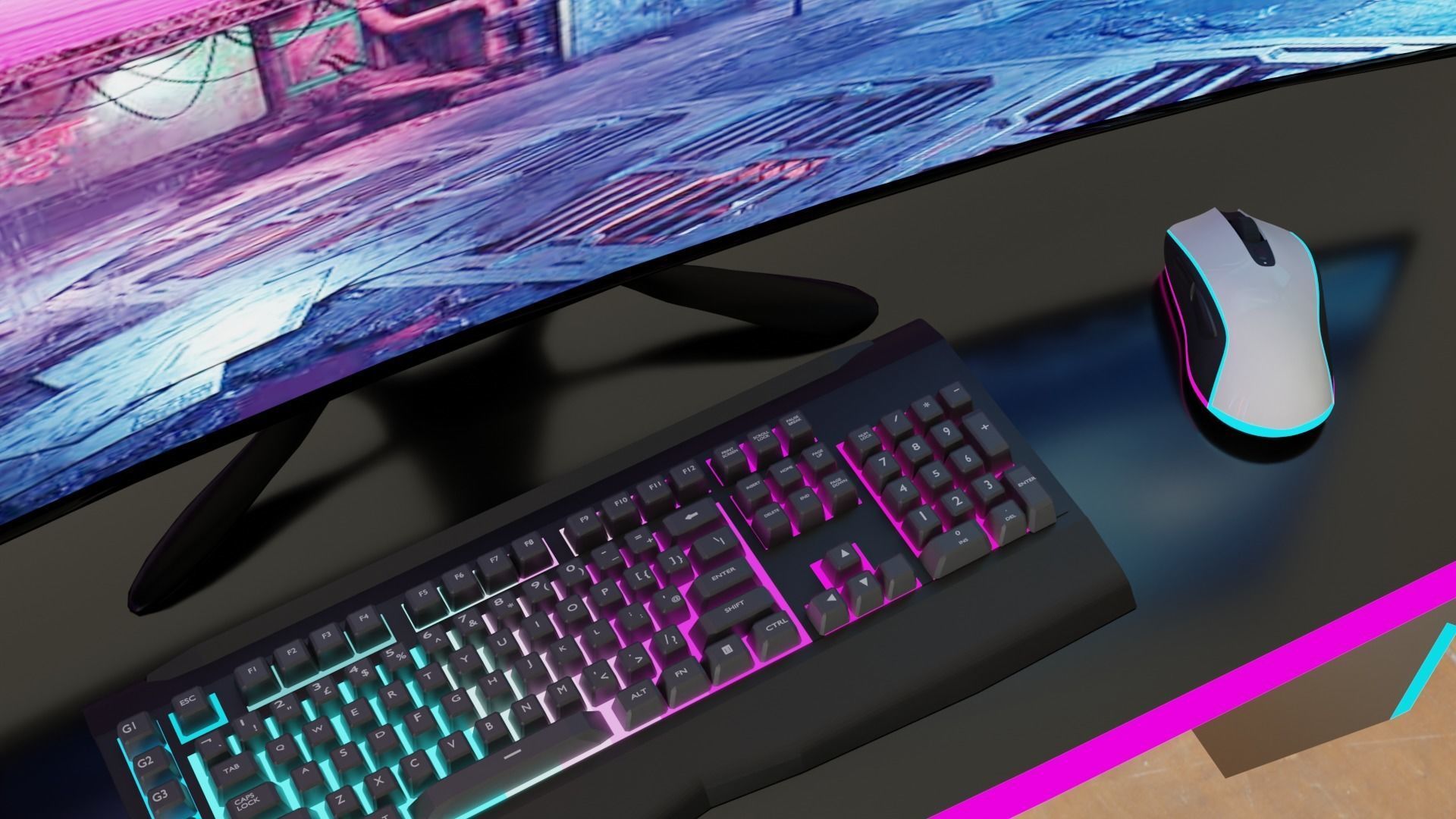 table office with display keyboard and mouse 3D model_4