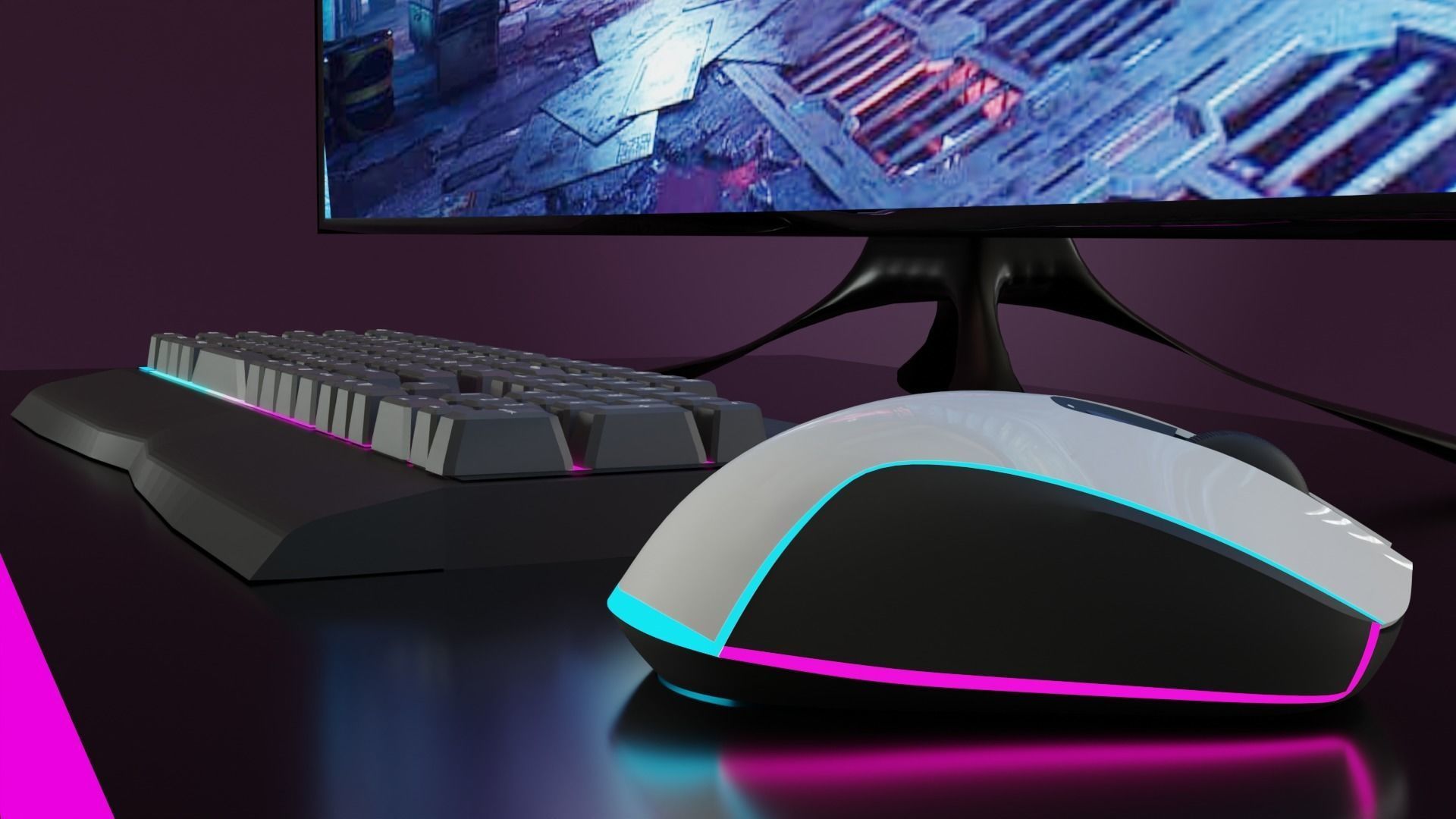 table office with display keyboard and mouse 3D model_3