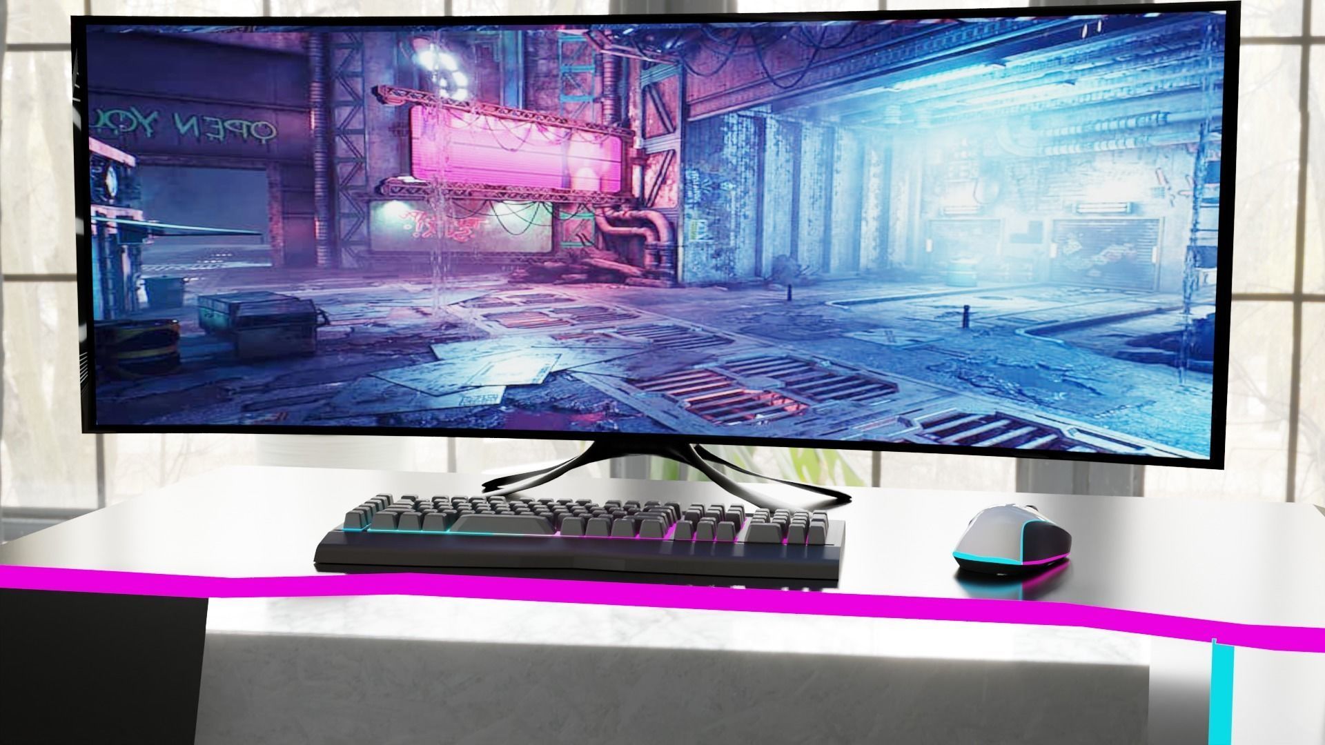 table office with display keyboard and mouse 3D model_1