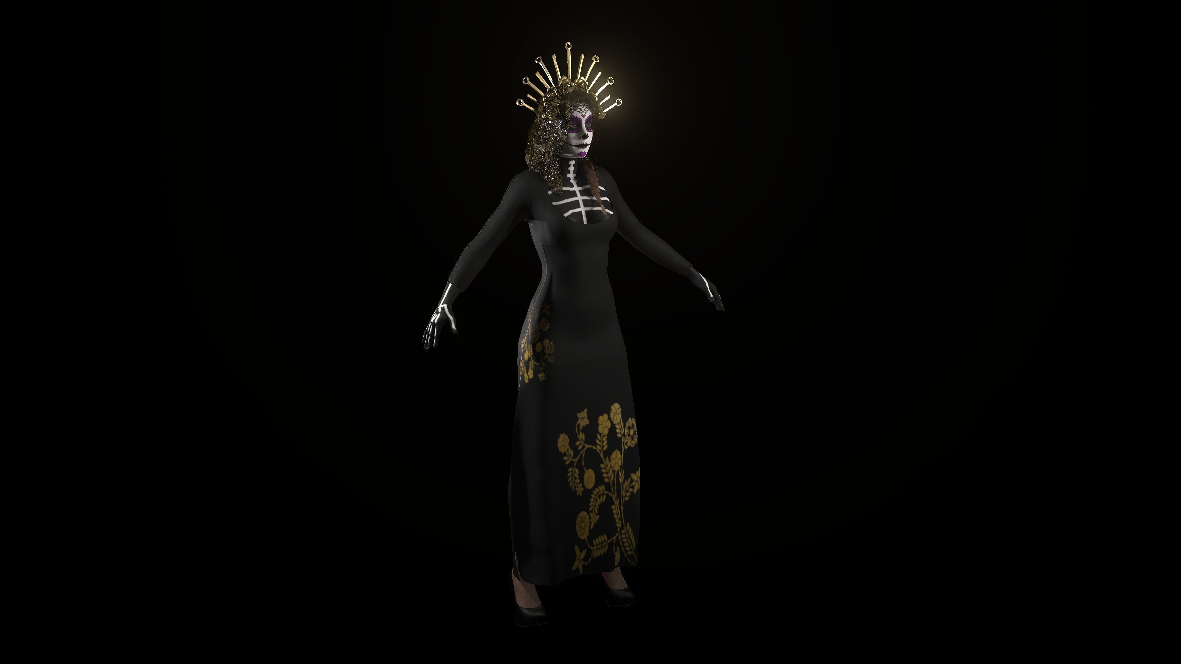 Catrina skeleton woman in dress Low-poly 3D model_5
